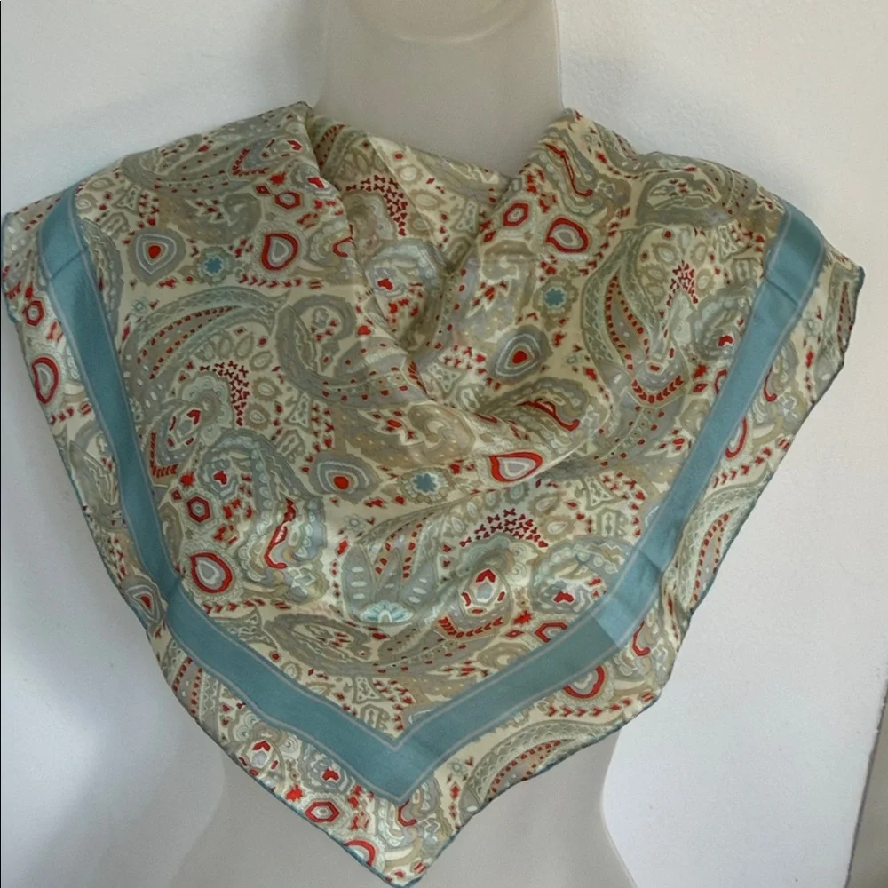 Vintage 100% Silk Paisley Scarf - Blue & Crimson - Hand Rolled Edges - Picture 1 of 13
